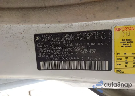 2006 BMW 750Li z USA, uszkodzony, nr VIN WBAHN83556DT30192